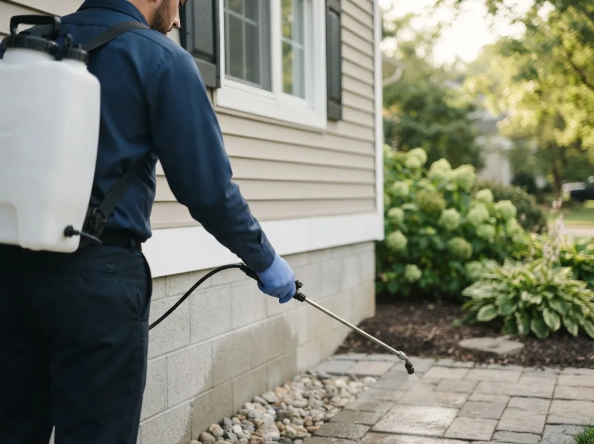 Pest control technician inspecting a home in Ludington, MI